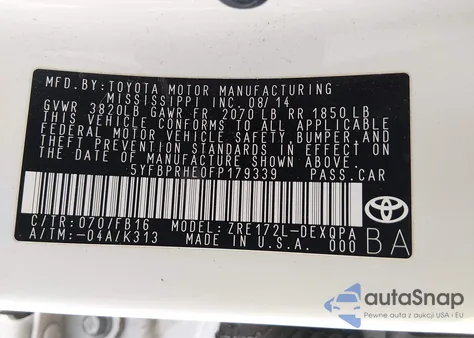 2015 Toyota Corolla Le Eco из США, поврежденный, VIN 5YFBPRHE0FP179339